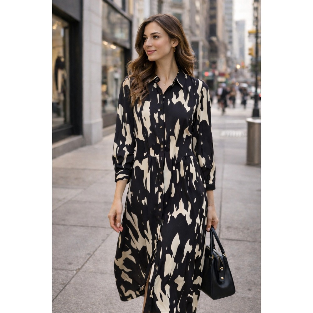 H&M Black Cream Abstract Print Button Front Collared Shirt Dress Womens Medium